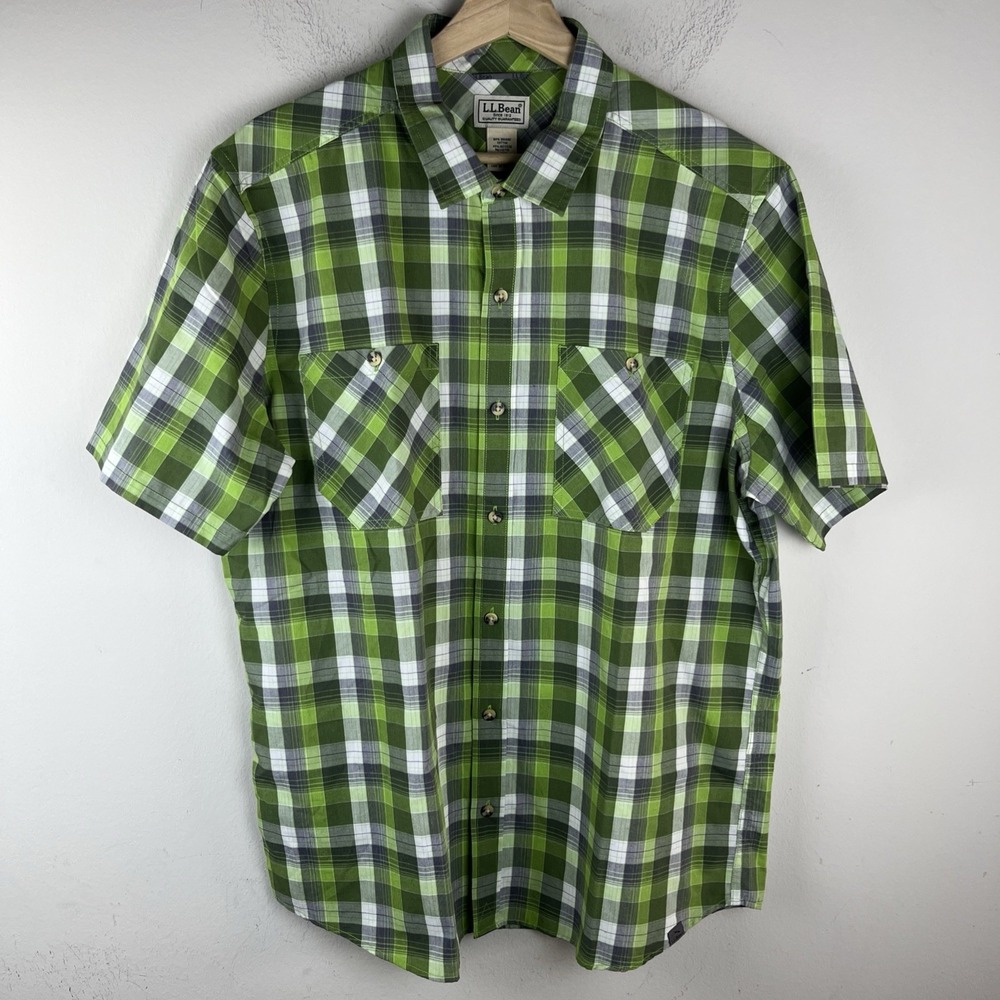 L.L. Bean Mens Green Plaid Short Sleeve Button Down Shirt Organic Cotton Blend L